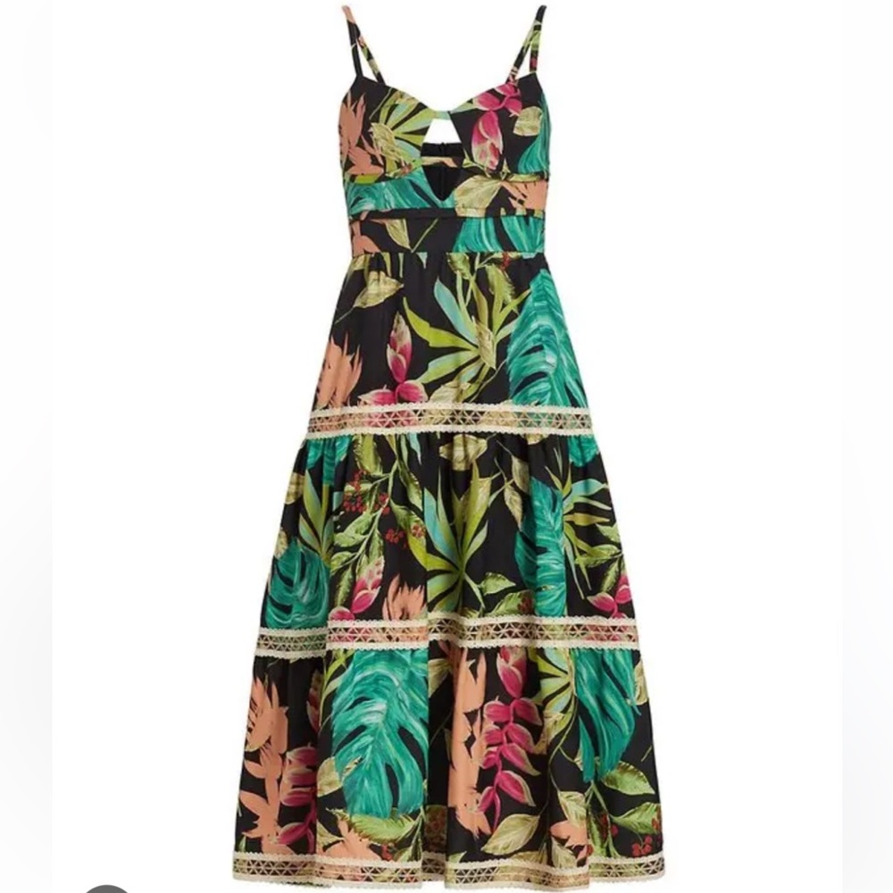 PatBO Tropicalia Floral Jute-trim Midi Dress-Black
